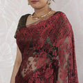 Elegant French Metallic Chantilly Lace Saree in Deep Red and Black - 5.5 Mtrs, 110 cm-D19516