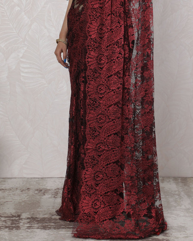 Elegant French Metallic Chantilly Lace Saree in Deep Red and Black - 5.5 Mtrs, 110 cm-D19516