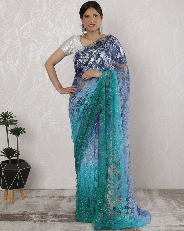 Stunning French Ombre Chantilly Lace Saree with Stone Work in Blue and Green - 5.5 Mtrs, 110 cm-D19517