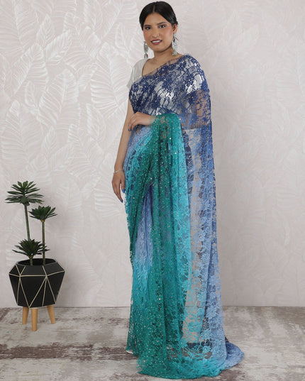 Stunning French Ombre Chantilly Lace Saree with Stone Work in Blue and Green - 5.5 Mtrs, 110 cm-D19517