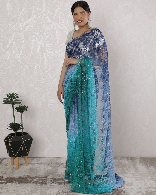 Stunning French Ombre Chantilly Lace Saree with Stone Work in Blue and Green - 5.5 Mtrs, 110 cm-D19517