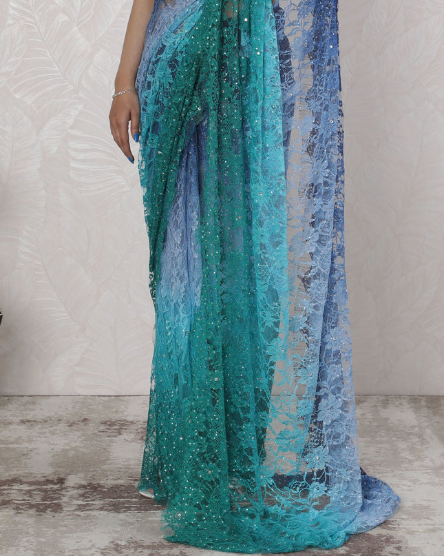 Stunning French Ombre Chantilly Lace Saree with Stone Work in Blue and Green - 5.5 Mtrs, 110 cm-D19517