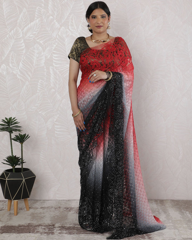 Exquisite French Ombre Chantilly Lace Saree with Stone Work in Red, Black, and Grey - 5.5 Mtrs, 110 cm-D19518