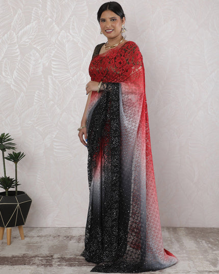 Exquisite French Ombre Chantilly Lace Saree with Stone Work in Red, Black, and Grey - 5.5 Mtrs, 110 cm-D19518