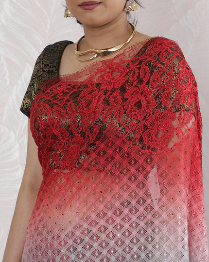 Exquisite French Ombre Chantilly Lace Saree with Stone Work in Red, Black, and Grey - 5.5 Mtrs, 110 cm-D19518