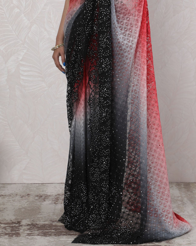 Exquisite French Ombre Chantilly Lace Saree with Stone Work in Red, Black, and Grey - 5.5 Mtrs, 110 cm-D19518