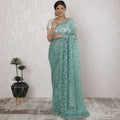 Elegant French Two-Tone Chantilly Lace Saree with Stone Work in Seafoam Green and Mint - 5.5 Mtrs, 110 cm-D19519