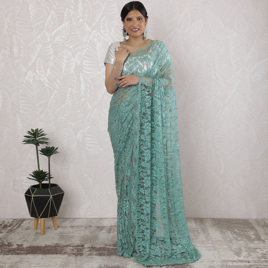 Elegant French Two-Tone Chantilly Lace Saree with Stone Work in Seafoam Green and Mint - 5.5 Mtrs, 110 cm-D19519