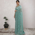 Elegant French Two-Tone Chantilly Lace Saree with Stone Work in Seafoam Green and Mint - 5.5 Mtrs, 110 cm-D19519