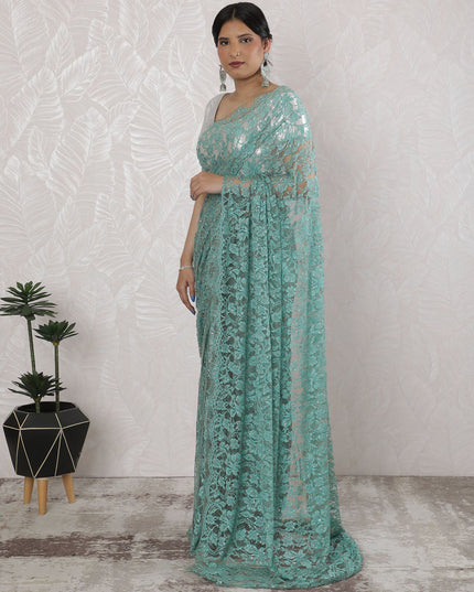 Elegant French Two-Tone Chantilly Lace Saree with Stone Work in Seafoam Green and Mint - 5.5 Mtrs, 110 cm-D19519