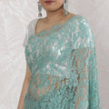 Elegant French Two-Tone Chantilly Lace Saree with Stone Work in Seafoam Green and Mint - 5.5 Mtrs, 110 cm-D19519
