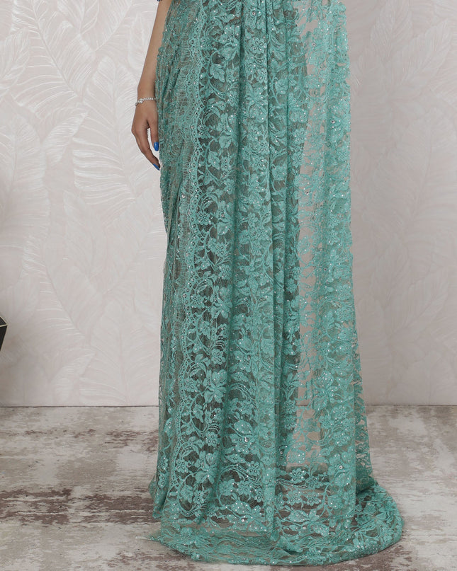 Elegant French Two-Tone Chantilly Lace Saree with Stone Work in Seafoam Green and Mint - 5.5 Mtrs, 110 cm-D19519