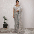 Stunning French Two-Tone Chantilly Lace Saree with Stone Work in Beige and Aqua - 5.5 Mtrs, 110 cm-D19520