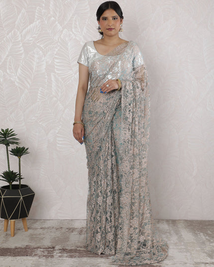 Stunning French Two-Tone Chantilly Lace Saree with Stone Work in Beige and Aqua - 5.5 Mtrs, 110 cm-D19520