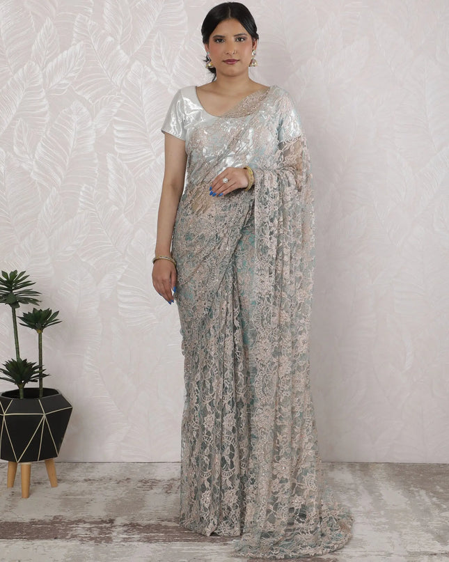 Stunning French Two-Tone Chantilly Lace Saree with Stone Work in Beige and Aqua - 5.5 Mtrs, 110 cm-D19520 Regal Fabrics