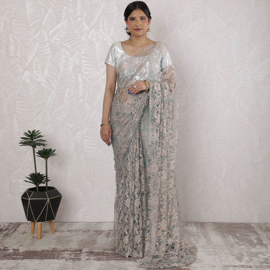 Stunning French Two-Tone Chantilly Lace Saree with Stone Work in Beige and Aqua - 5.5 Mtrs, 110 cm-D19520