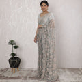 Stunning French Two-Tone Chantilly Lace Saree with Stone Work in Beige and Aqua - 5.5 Mtrs, 110 cm-D19520