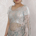 Stunning French Two-Tone Chantilly Lace Saree with Stone Work in Beige and Aqua - 5.5 Mtrs, 110 cm-D19520