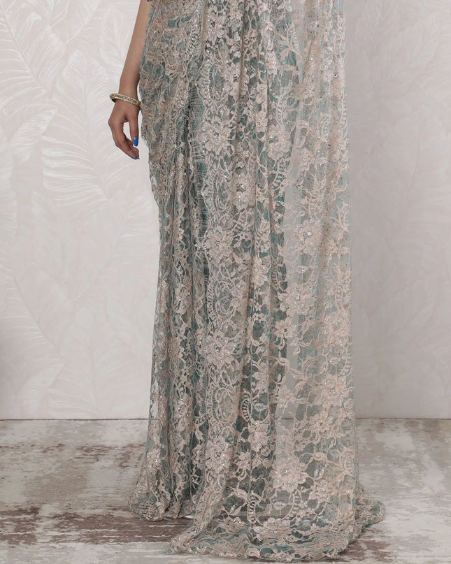 Stunning French Two-Tone Chantilly Lace Saree with Stone Work in Beige and Aqua - 5.5 Mtrs, 110 cm-D19520 Regal Fabrics