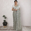 Stunning French Two-Tone Chantilly Lace Saree with Stone Work in Sage Green and Silver - 5.5 Mtrs, 110 cm-D19521