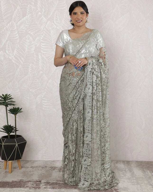 Stunning French Two-Tone Chantilly Lace Saree with Stone Work in Sage Green and Silver - 5.5 Mtrs, 110 cm-D19521 Regal Fabrics