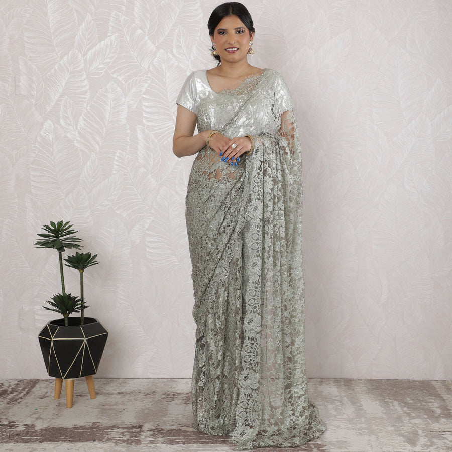 Stunning French Two-Tone Chantilly Lace Saree with Stone Work in Sage Green and Silver - 5.5 Mtrs, 110 cm-D19521