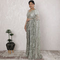 Stunning French Two-Tone Chantilly Lace Saree with Stone Work in Sage Green and Silver - 5.5 Mtrs, 110 cm-D19521