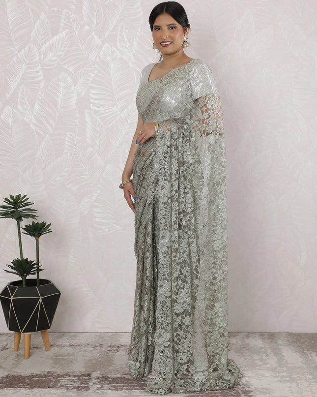 Stunning French Two-Tone Chantilly Lace Saree with Stone Work in Sage Green and Silver - 5.5 Mtrs, 110 cm-D19521 Regal Fabrics