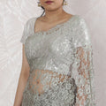 Stunning French Two-Tone Chantilly Lace Saree with Stone Work in Sage Green and Silver - 5.5 Mtrs, 110 cm-D19521