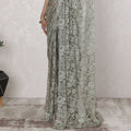 Stunning French Two-Tone Chantilly Lace Saree with Stone Work in Sage Green and Silver - 5.5 Mtrs, 110 cm-D19521