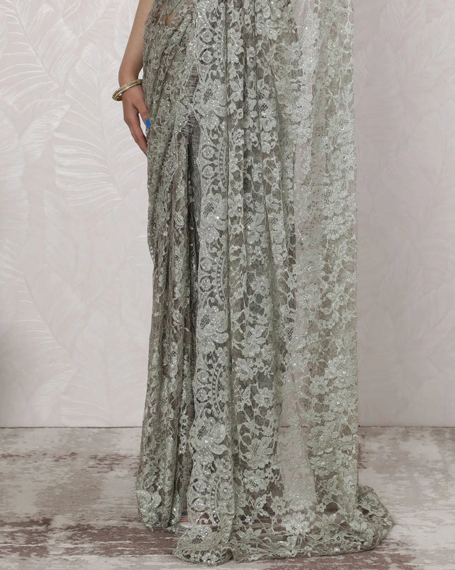 Stunning French Two-Tone Chantilly Lace Saree with Stone Work in Sage Green and Silver - 5.5 Mtrs, 110 cm-D19521 Regal Fabrics