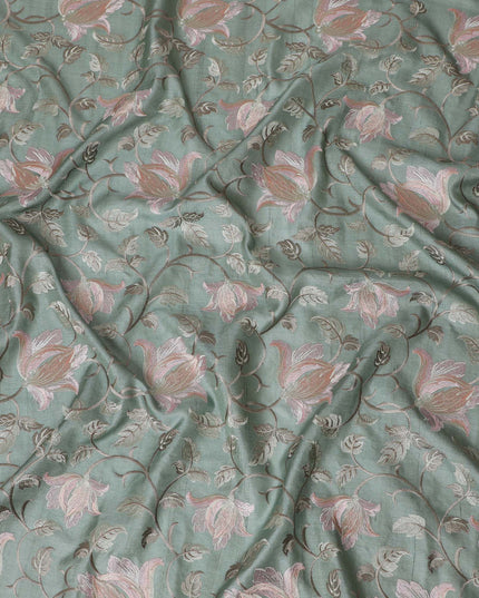 Elegant Sea Green Tussar Silk Fabric with Floral Embroidery - 110 cm Wide - D19610