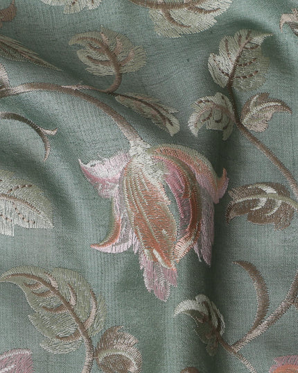 Elegant Sea Green Tussar Silk Fabric with Floral Embroidery - 110 cm Wide - D19610