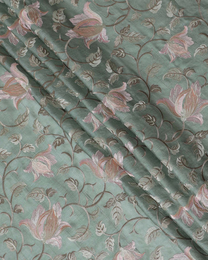 Elegant Sea Green Tussar Silk Fabric with Floral Embroidery - 110 cm Wide - D19610