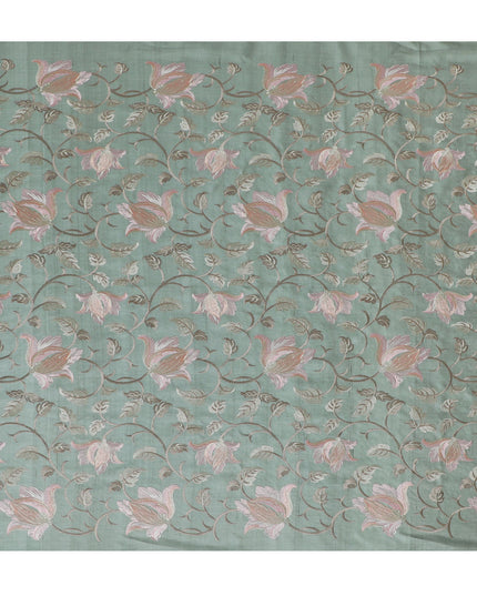 Elegant Sea Green Tussar Silk Fabric with Floral Embroidery - 110 cm Wide - D19610