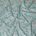 Exquisite Aqua Blue Tussar Silk Fabric with Floral Embroidery - 110 cm Wide - D19611