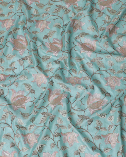 Exquisite Aqua Blue Tussar Silk Fabric with Floral Embroidery - 110 cm Wide - D19611