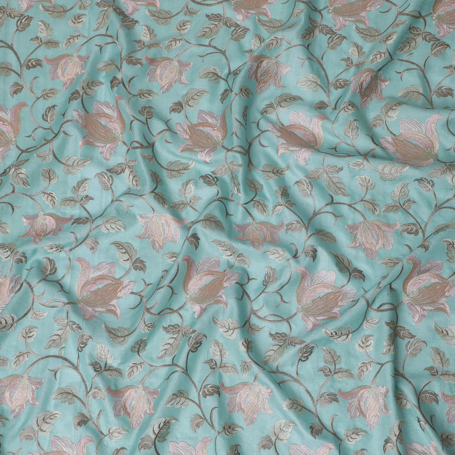 Exquisite Aqua Blue Tussar Silk Fabric with Floral Embroidery - 110 cm Wide - D19611