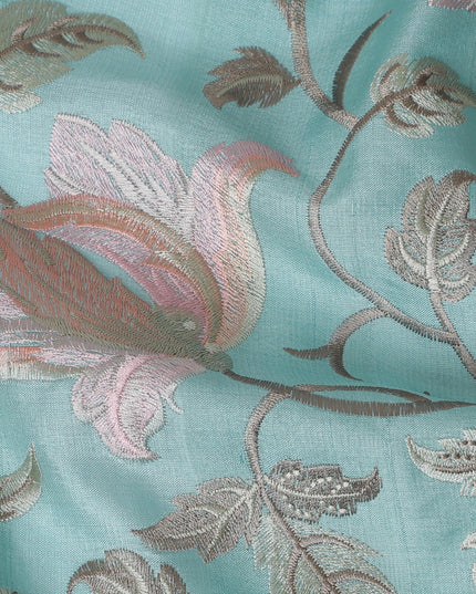 Exquisite Aqua Blue Tussar Silk Fabric with Floral Embroidery - 110 cm Wide - D19611