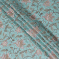 Exquisite Aqua Blue Tussar Silk Fabric with Floral Embroidery - 110 cm Wide - D19611