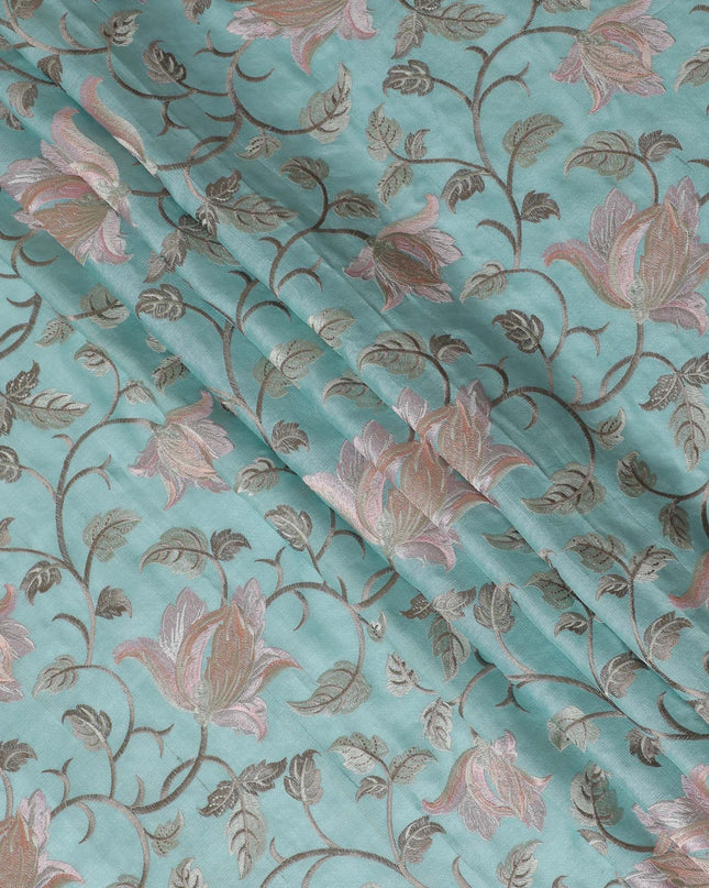 Exquisite Aqua Blue Tussar Silk Fabric with Floral Embroidery - 110 cm Wide - D19611