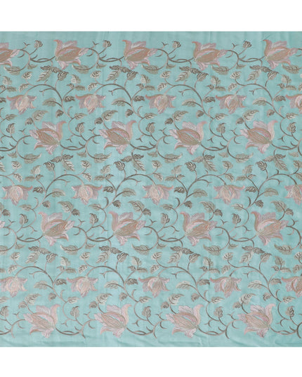 Exquisite Aqua Blue Tussar Silk Fabric with Floral Embroidery - 110 cm Wide - D19611