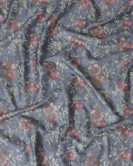 Elegant Greyish Blue Tussar Silk Fabric with Floral Embroidery - 110 cm Wide - D19612