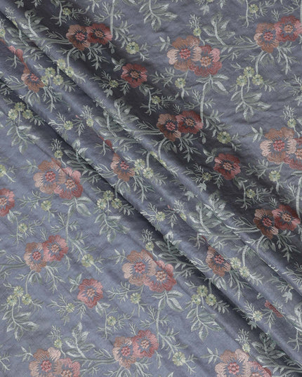 Elegant Greyish Blue Tussar Silk Fabric with Floral Embroidery - 110 cm Wide - D19612