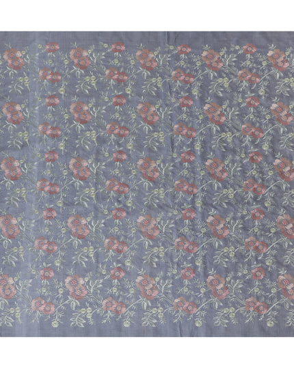 Elegant Greyish Blue Tussar Silk Fabric with Floral Embroidery - 110 cm Wide - D19612