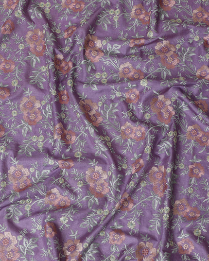 Lavender Tussar Silk Fabric with Intricate Floral Embroidery - 110 cm Wide - D19613