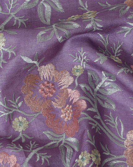 Lavender Tussar Silk Fabric with Intricate Floral Embroidery - 110 cm Wide - D19613