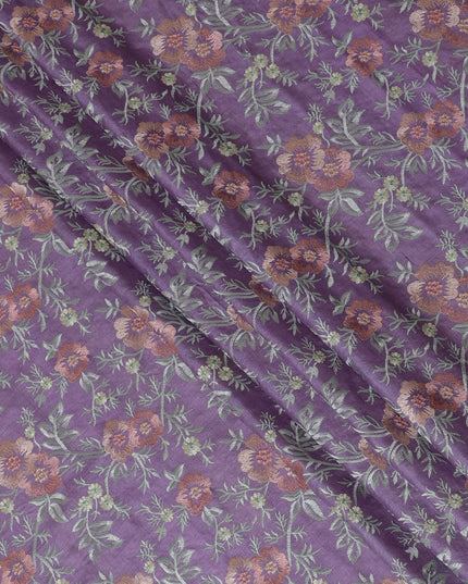 Lavender Tussar Silk Fabric with Intricate Floral Embroidery - 110 cm Wide - D19613