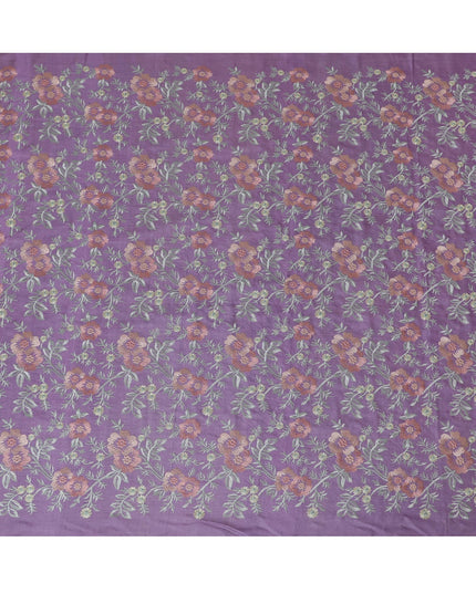 Lavender Tussar Silk Fabric with Intricate Floral Embroidery - 110 cm Wide - D19613