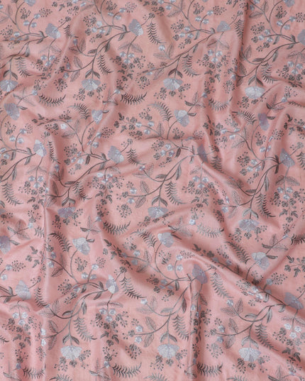 Blush Pink Tussar Silk Fabric with Silver Floral Embroidery - 110 cm Wide - D19614